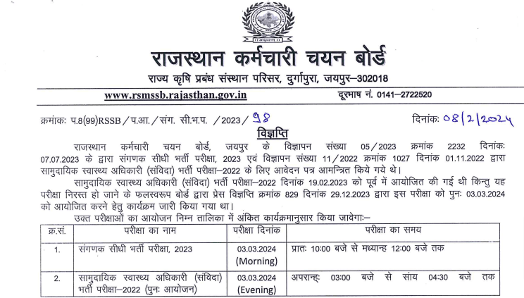 Rajasthan RSMSSB Computor & CHO Exam Date